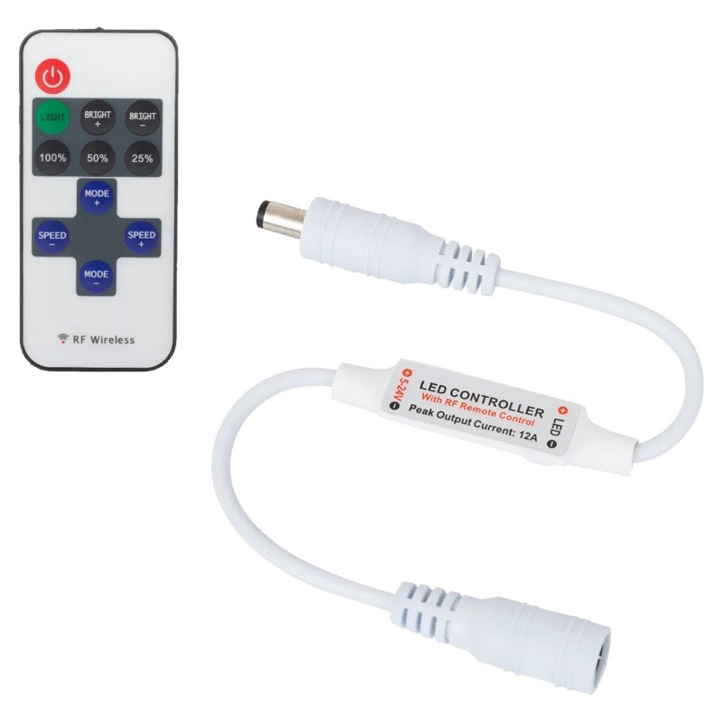 CONTROLADOR REGULADOR MINI TIRA LED 12/24V DC C/MANDO RF