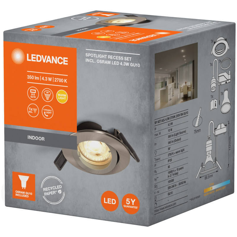 SPOTLIGHT RECESS SET 4.3W 345LM 2700K GU10 NIQUEL
