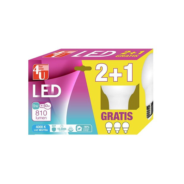 LAMPARA LED STD 9W E27 240º 810LM 4000K (2+1)