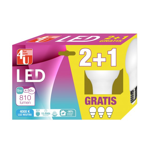 LAMPARA LED STD 9W E27 240º 810LM 6500K(2+1)