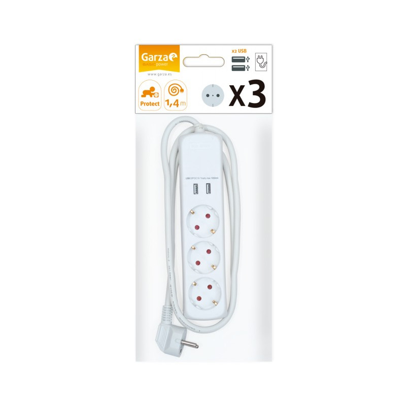 BASE 3 TOMAS +2 USB 1,5mmx1,4mts BLANCO