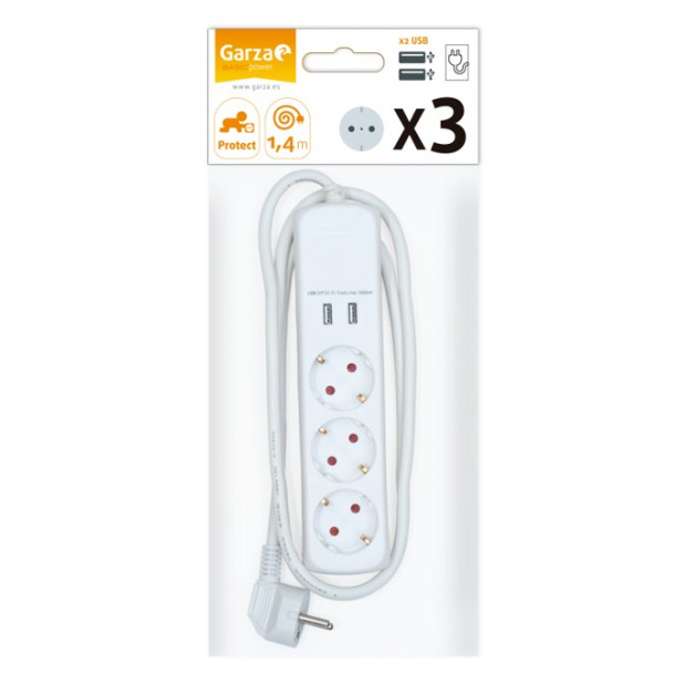 BASE 3 TOMAS +2 USB 1,5mmx1,4mts BLANCO