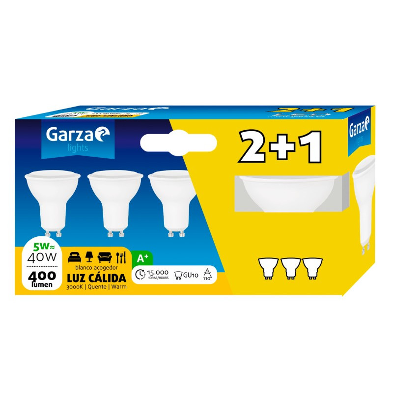 LAMPARA LED GU10 5W 110º 400LM 30K (2+1)
